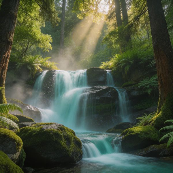 A high-resolution, long-exposure photograph of a cascading waterfall deep within a lush, temperat...
