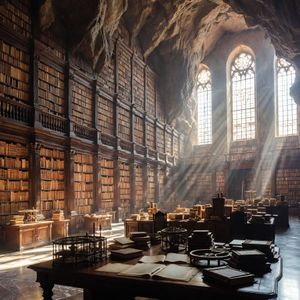A vast, dimly lit ancient library carved into a cliffside...