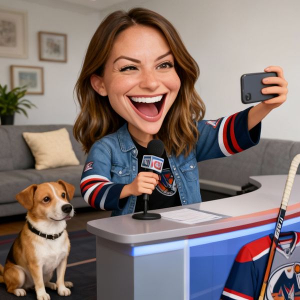 AI image generated by Seedream 4.0, ranked #7 of 13 in the "Over-the-top cartoon caricature" arena challenge — prompt: Create a caricature of me and my job. Make it exaggerated and humorous, incorporating my profession as a tv show anchor and my love for dogs and hockey.