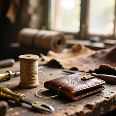 Qwen Image generated image of A close-up, cinematic macro shot of an weathered leather craftsman's workbenc...
