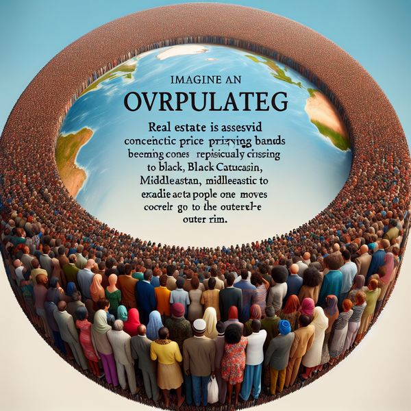 AI image generated by DALL-E 3 — prompt: A flat earth-like planet which resembles a flat disc is overpopulated with people. The people are densely packed together such that they are spilling over the edges of the planet. The darkly satirical headline reads: 'Real estate is assessed via concentric pricing bands becoming progressively cheaper as one moves closer to the outer rim.'