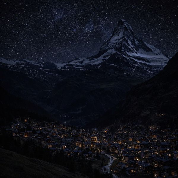 AI image generated by GPT Image 1.5, ranked #2 of 16 in the "Night Sky Transformation" arena challenge — prompt: Change the scene to night: a deep, dark sky with subtle, glistening stars visible behind the mountain.
