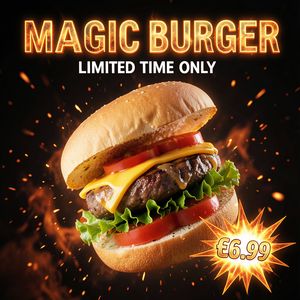 Ad for 'Magic Burger'. Dynamic, exploded burger with all ...
