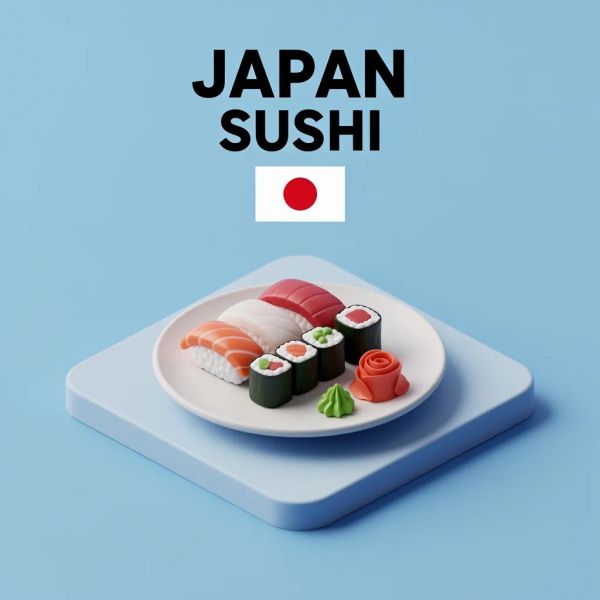 AI image generated by FLUX.2 [flex], ranked #8 of 21 in the "Isometric Miniature Diorama Scenes" arena challenge — prompt: Create a clear, 45° top-down isometric miniature 3D cartoon scene of Japan's signature dish: sushi, with soft refined textures, realistic PBR materials, gentle lighting, on a small raised diorama base with minimal garnish and plate. Solid light blue background. At top-center: 'JAPAN' in large bold text, 'SUSHI' below it, small flag icon. Perfectly centered, ultra-clean, high-clarity, square format.
