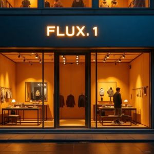 Cinematic wide shot of a high-end, minimalist boutique st...