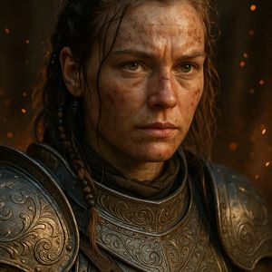 Close portrait of a battle-worn paladin in ornate engrave...