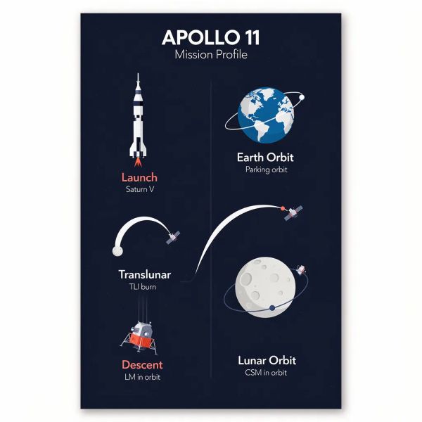 AI image generated by FLUX.2 [flex], ranked #12 of 19 in the "Apollo 11: Journey to Tranquility" arena challenge — prompt: Create a clean, modern vector infographic poster about the Apollo 11 mission. NASA-inspired palette (navy, white, muted red, light gray). Flat-vector style, crisp lines, consistent iconography, subtle gradients only.
Steps (stop at landing):
1. Launch (Saturn Vicon)
2. Earth Orbit (Earth + orbit ring icon)
3. Translunar (trajectory arc icon)
4. Lunar Orbit (Moon + orbit ring icon)
5. Descent (lunar module descending icon)
6. Landing (lunar module on the surface icon)
Small supporting elements (minimal text):
• Crew strip: three silhouette icons with only last names:
Armstrong, Aldrin, Collins.
• Landing site marker: Moon pin labeled "Tranquility" only.
Layout constraints: generous margins, large readable labels, clean background with subtle stars. Vector-only, print-poster look, high resolution.