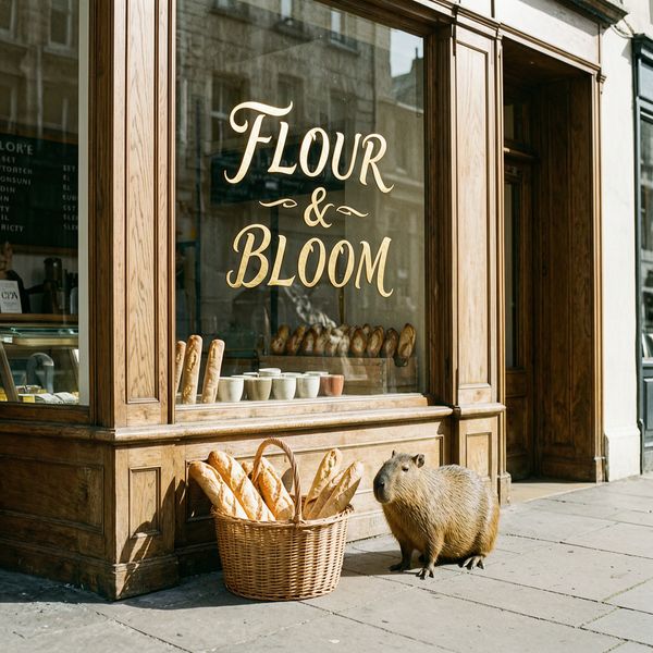 AI image generated by Wan 2.7 — prompt: A sun-drenched artisan bakery storefront with an elegant gold-leaf sign on the window that reads "FLOUR & BLOOM" in flowing luxury calligraphy. A small, calm capybara sits quietly on the sidewalk next to a basket of baguettes. 1:1, cinematic.