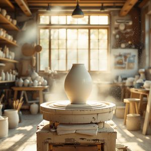 Cinematic wide shot of a master ceramicist's sun-drenched...
