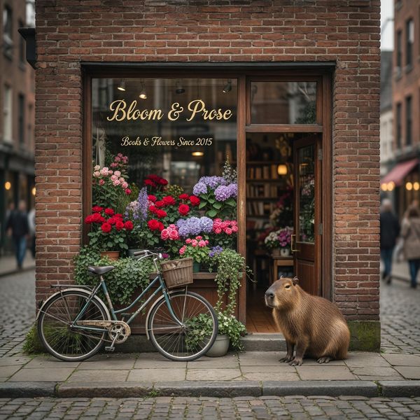A cozy street-side flower shop called "Bloom & Prose" with elegant gold cursive lettering on the ...