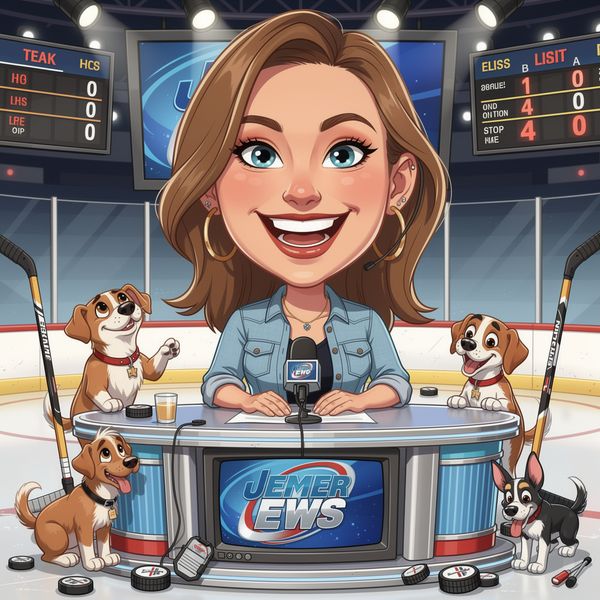 AI image generated by FLUX.2 [max], ranked #10 of 13 in the "Over-the-top cartoon caricature" arena challenge — prompt: Create a caricature of me and my job. Make it exaggerated and humorous, incorporating my profession as a tv show anchor and my love for dogs and hockey.