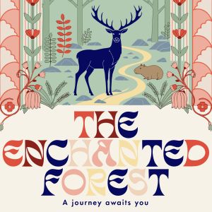 A vintage travel poster for "THE ENCHANTED FOREST" with b...