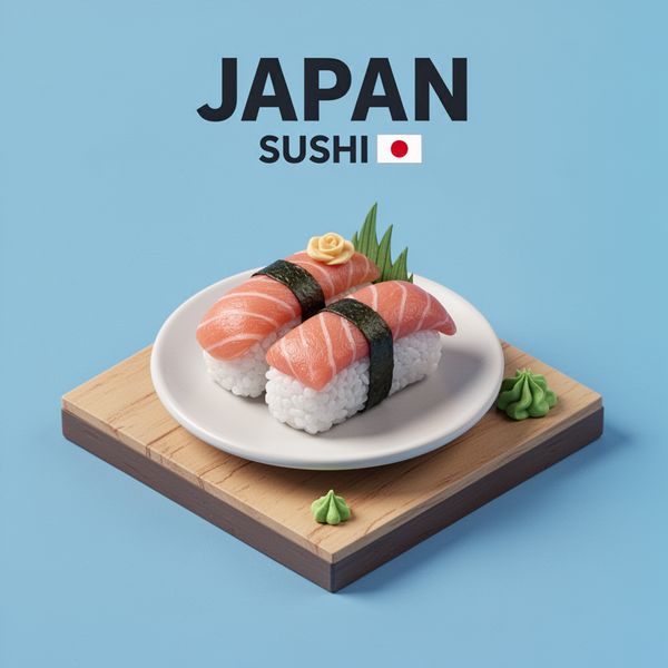 Create a clear, 45° top-down isometric miniature 3D cartoon scene of Japan's signature dish: sush...