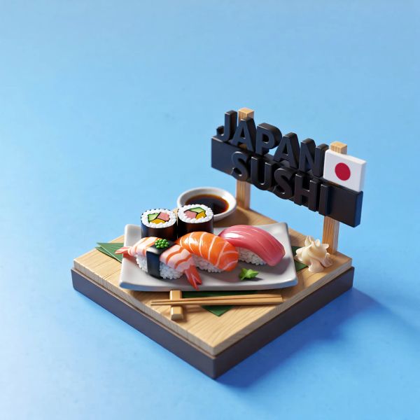 AI image generated by ImagineArt 1.5 (Preview), ranked #15 of 21 in the "Isometric Miniature Diorama Scenes" arena challenge — prompt: Create a clear, 45° top-down isometric miniature 3D cartoon scene of Japan's signature dish: sushi, with soft refined textures, realistic PBR materials, gentle lighting, on a small raised diorama base with minimal garnish and plate. Solid light blue background. At top-center: 'JAPAN' in large bold text, 'SUSHI' below it, small flag icon. Perfectly centered, ultra-clean, high-clarity, square format.