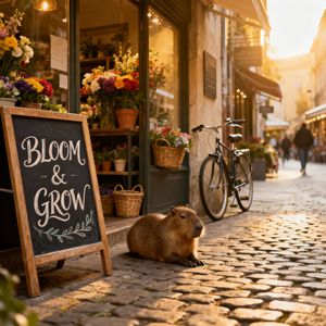 A cozy street-side flower shop with a chalkboard sign tha...