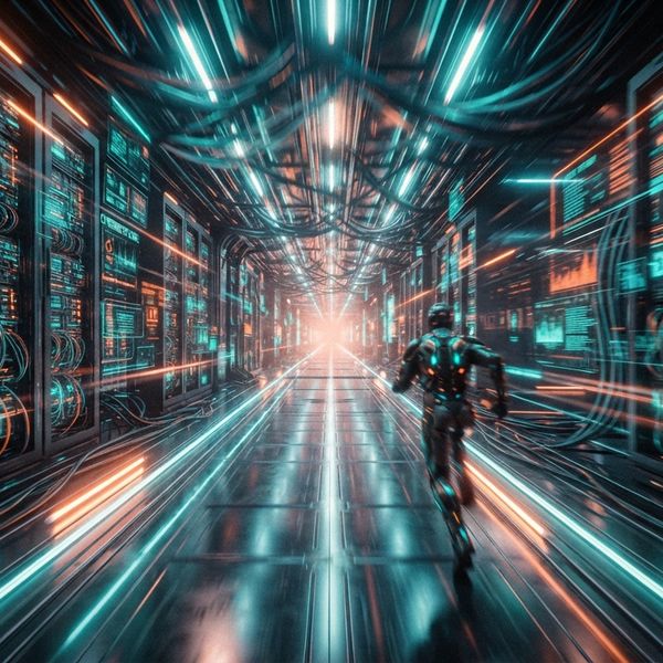 AI image generated by Nano Banana 2 Lite — prompt: Cinematic 16:9 shot of a vast sci-fi data corridor, glowing neon circuits pulsing through server racks, hyper-fast motion blur, vibrant teal and orange lighting, polished high-tech aesthetic.