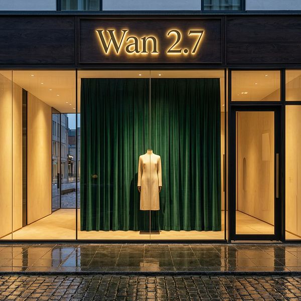 AI image generated by Wan 2.7 — prompt: A wide cinematic shot of a high-end, minimalist boutique storefront at dusk. The shop is built from dark wood and seamless glass, with warm golden light spilling onto a rain-slicked cobblestone street. Centered above the entrance is a sophisticated, backlit brass sign that reads "Wan 2.7" in an elegant, modern serif typeface. Through the window, a single luxury fashion mannequin is visible against a backdrop of deep emerald velvet curtains. Professional color grading with rich shadows and amber highlights, 16:9 aspect ratio.