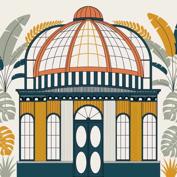 A vibrant, flat-style vector illustration of a mid-century modern botanical garden conservatory. ...