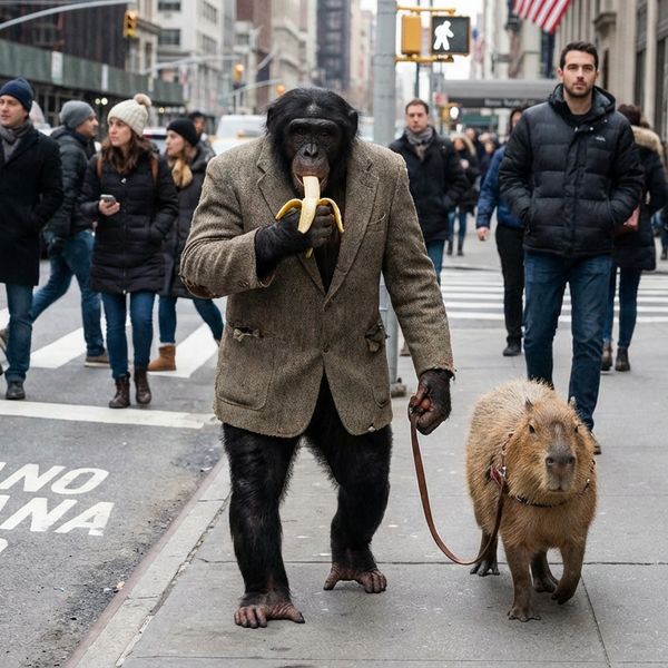 Create an image of an ape, eating a banana, walking trough the streets of new york city and takin...