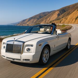 Make a photo of the man driving the car down the Californ...