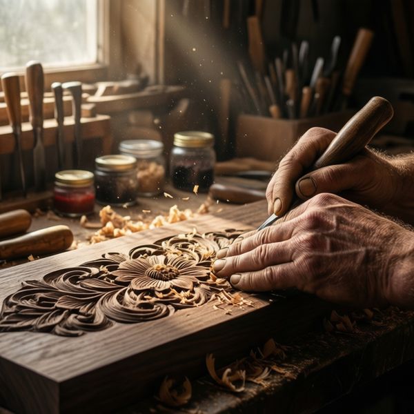 Cinematic wide shot of a master carpenter's sun-drenched workshop. In the foreground, a pair of w...