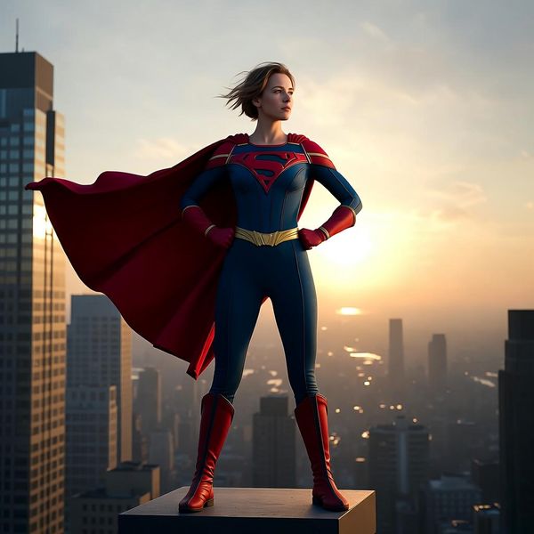 AI image generated by Grok Imagine Image, ranked #7 of 21 in the "Heroic Super Hero Portrait" arena challenge — prompt: Hyper-photorealistic full-body portrait of a female superhero standing triumphantly on a New York skyscraper rooftop at golden sunset, wearing a classic modest superhero costume with flowing cape, chest emblem, gloves, and boots in red and blue colors, practical design, short hair, strong determined heroic expression looking into the distance, powerful confident stance with hands on hips and cape billowing dramatically in the wind, detailed urban cityscape background, warm natural sunlight with sharp shadows and fabric highlights, ultra-sharp textures on suit, hair, and concrete, 8K masterpiece, empowering family-friendly style.