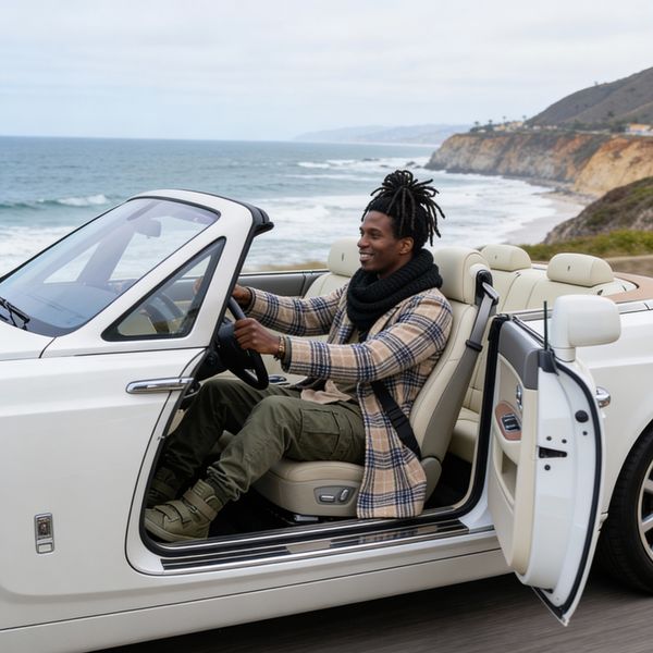 AI image generated by Seedream 4.5, ranked #10 of 13 in the "Man and Car in California" arena challenge — prompt: Make a photo of the man driving the car down the California coastline