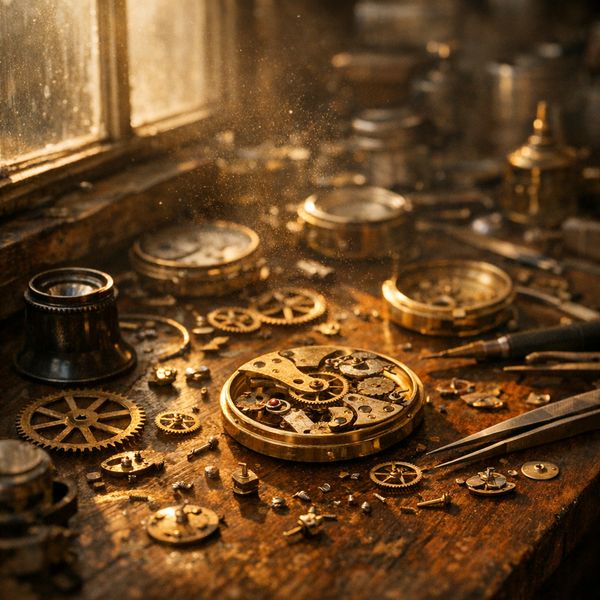 A hyper-realistic cinematic close-up of an elderly watchmaker’s workspace, sunlight streaming thr...