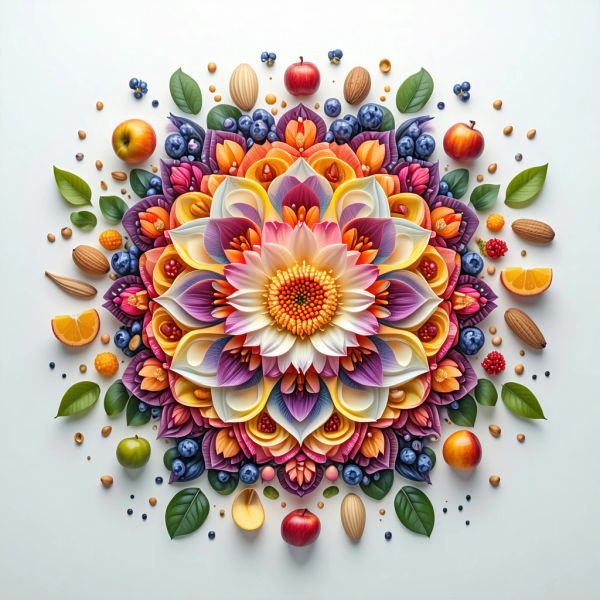 Perfectly symmetrical mandala made entirely of real flowers, petals, leaves, fruits, and seeds in...