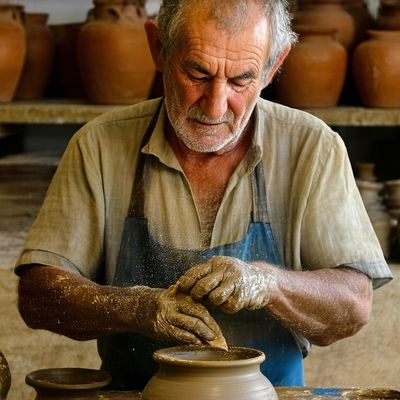 Stable Diffusion 3.5 Large generated image of A portrait of an elderly artisan in a sun-drenched Mediterranean workshop, me...