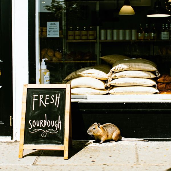 A cozy street-side bakery with a chalkboard sign out front that reads "FRESH SOURDOUGH" in elegan...
