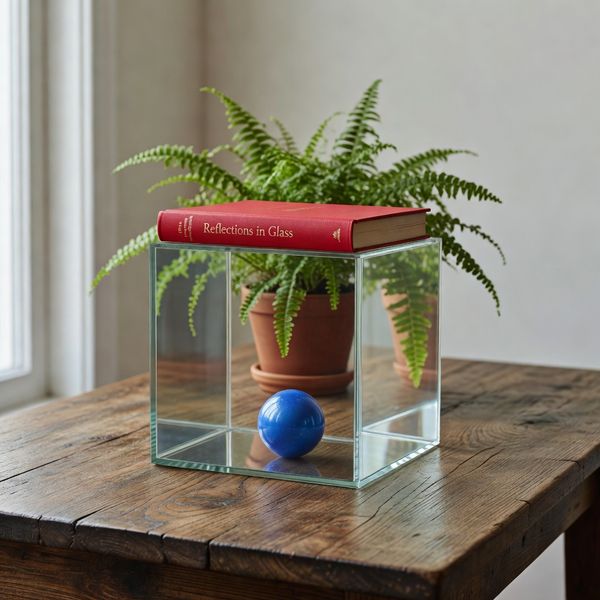 AI image generated by Grok Imagine Image Pro, ranked #6 of 22 in the "Geometric Composition" arena challenge — prompt: A glass cube on a wooden table. Inside the cube is a small blue sphere. On top of the cube sits a red book. A green plant is behind the cube, partially visible through the glass. Soft window light from the left.