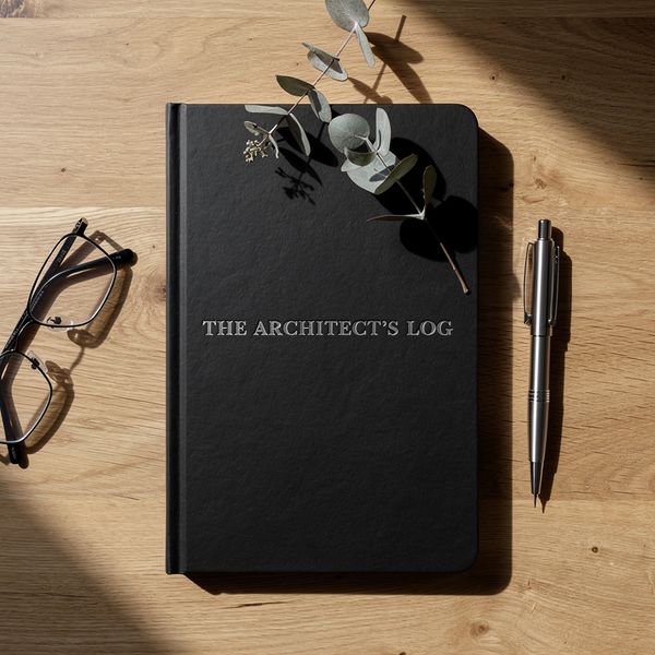 AI image generated by FLUX.2 [max] — prompt: A hyper-realistic, high-angle shot of a minimalist wooden workbench. In the center sits a premium matte black journal with the title "THE ARCHITECT'S LOG" embossed in crisp, elegant silver serif typography across the cover. Next to the journal, there is a precision drafting pen, a pair of modern eyeglasses, and a small sprig of dried eucalyptus. Soft natural morning light streams in from a side window, creating gentle shadows and highlighting the fine grain of the oak wood and the tactile texture of the paper. 4:3 landscape, cinematic lighting, 8k resolution, incredibly detailed.