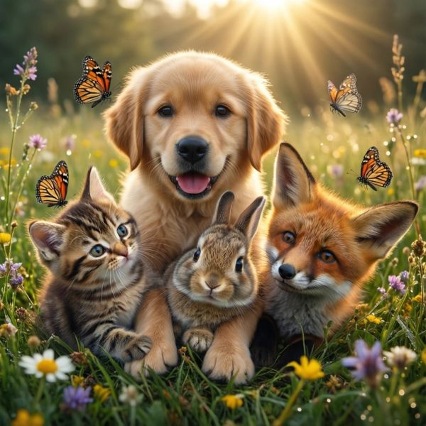Hyper-photorealistic scene of fluffy baby animals—a golden retriever puppy, tabby kitten, baby bu...