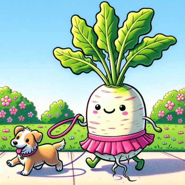 AI image generated by DALL-E 3 — prompt: an illustration of a baby daikon radish in a tutu walking a dog