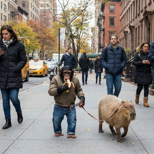 Create an image of an ape, eating a banana, walking trough the streets of new york city and takin...