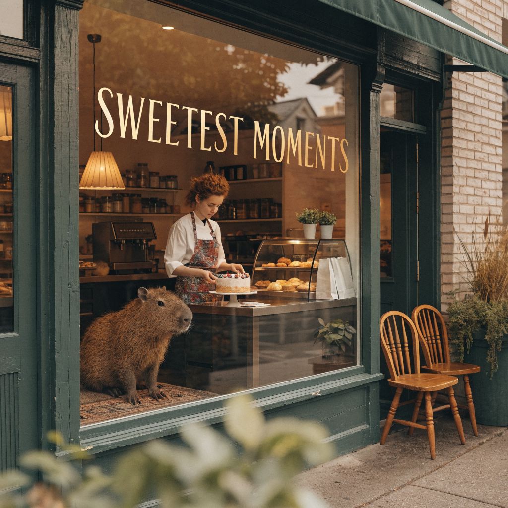 Recraft V4.1 generated image of A cozy neighborhood bakery storefront with a large glass window displaying a ...