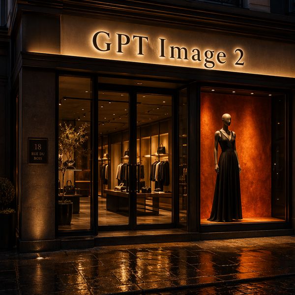 AI image generated by GPT Image 2 — prompt: A wide, cinematic 16:9 shot of a high-end, contemporary boutique at dusk. The shop's storefront features a large, back-lit architectural sign above the glass entrance that reads "GPT Image 2" in a sophisticated, minimalist serif typeface. Warm, golden interior lighting spills onto the wet cobblestone sidewalk, creating dramatic reflections. Inside the window, a single elegant mannequin is silhouetted against a vibrant, deep amber backdrop. Professional color grading with rich shadows and sharp, polished details.