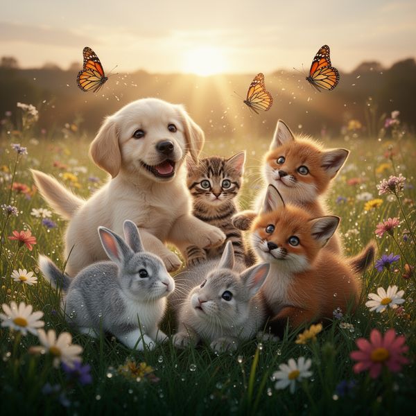 AI image generated by FLUX.2 [dev] Flash, ranked #6 of 27 in the "Adorable Baby Animals in Sunny Meadow" arena challenge — prompt: Hyper-photorealistic scene of fluffy baby animals—a golden retriever puppy, tabby kitten, baby bunny, and red fox kit—with big expressive eyes and ultra-detailed soft fur, playfully chasing butterflies and tumbling together in a lush wildflower meadow, warm golden sunrise light with god rays and dew sparkles, joyful wholesome vibe, 8K masterpiece.