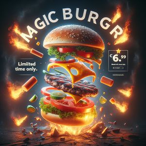 DALL-E 3 — Magic Burger Explosion: Fiery Photorealism Challenge