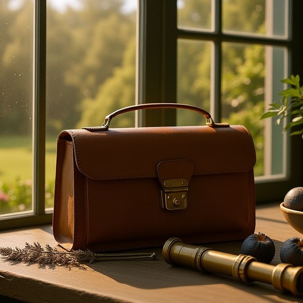 A hyper-realistic close-up shot of a vintage leather explorer's satchel resting on a rustic woode...