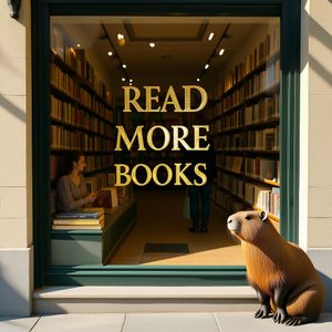 A sunlit, cozy bookstore window with a gold leaf sign on ...