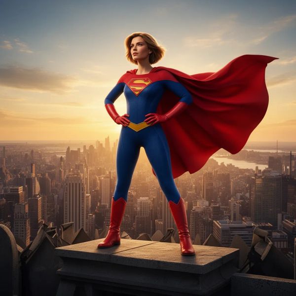 AI image generated by FLUX.2 [dev], ranked #20 of 21 in the "Heroic Super Hero Portrait" arena challenge — prompt: Hyper-photorealistic full-body portrait of a female superhero standing triumphantly on a New York skyscraper rooftop at golden sunset, wearing a classic modest superhero costume with flowing cape, chest emblem, gloves, and boots in red and blue colors, practical design, short hair, strong determined heroic expression looking into the distance, powerful confident stance with hands on hips and cape billowing dramatically in the wind, detailed urban cityscape background, warm natural sunlight with sharp shadows and fabric highlights, ultra-sharp textures on suit, hair, and concrete, 8K masterpiece, empowering family-friendly style.