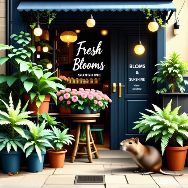 A cozy street-side flower shop with a large chalkboard sign out front that reads "FRESH BLOOMS & ...