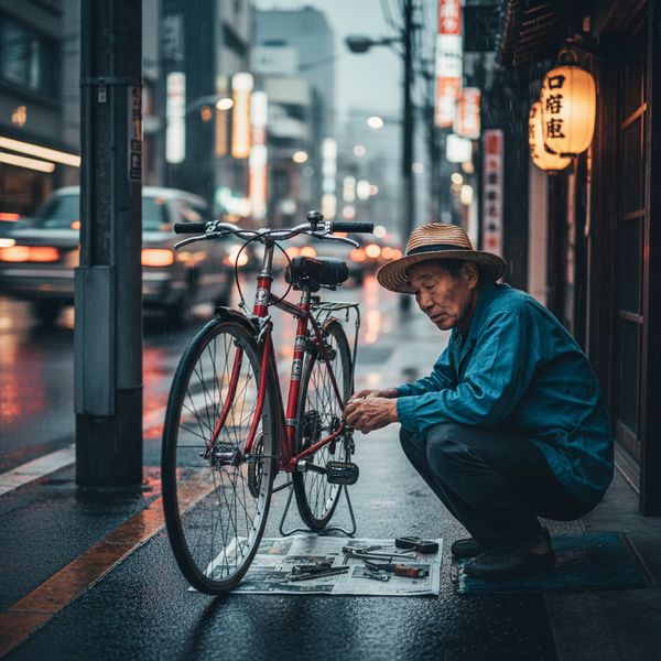 A candid street photo of an elderly Japanese man repairing a red bicycle in light rain, reflectio...