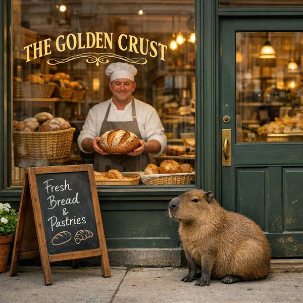 A charming neighborhood bakery called "THE GOLDEN CRUST" with elegant gold lettering on the windo...