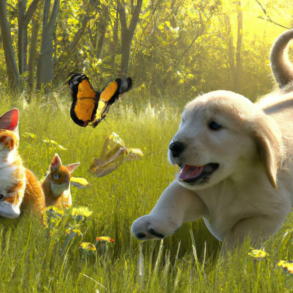 AI image generated by DALL-E 2, ranked #23 of 27 in the "Adorable Baby Animals in Sunny Meadow" arena challenge — prompt: Hyper-photorealistic scene of fluffy baby animals—a golden retriever puppy, tabby kitten, baby bunny, and red fox kit—with big expressive eyes and ultra-detailed soft fur, playfully chasing butterflies and tumbling together in a lush wildflower meadow, warm golden sunrise light with god rays and dew sparkles, joyful wholesome vibe, 8K masterpiece.