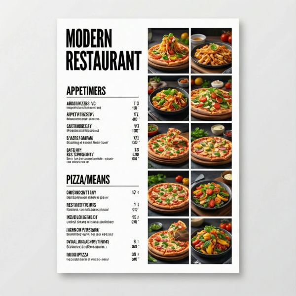 Modern minimalist restaurant menu design, white background with colorful food photos in grid, sec...
