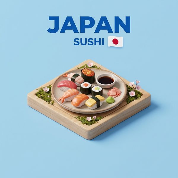 Create a clear, 45° top-down isometric miniature 3D cartoon scene of Japan's signature dish: sush...