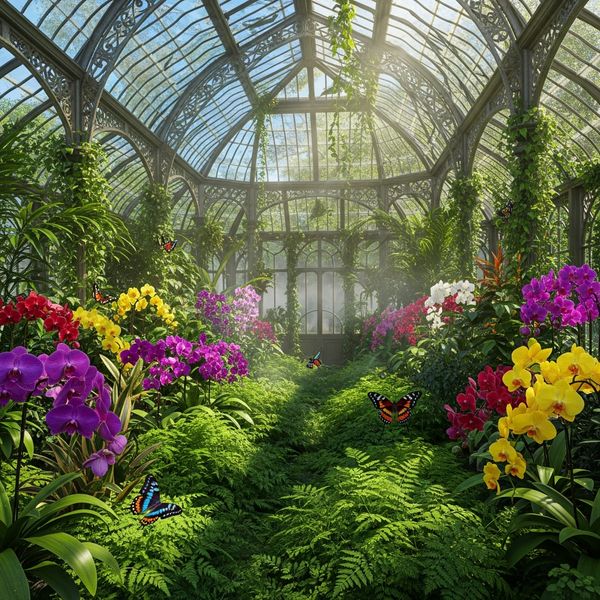 Hyper-photorealistic interior of a lush Victorian glass greenhouse filled with exotic tropical pl...